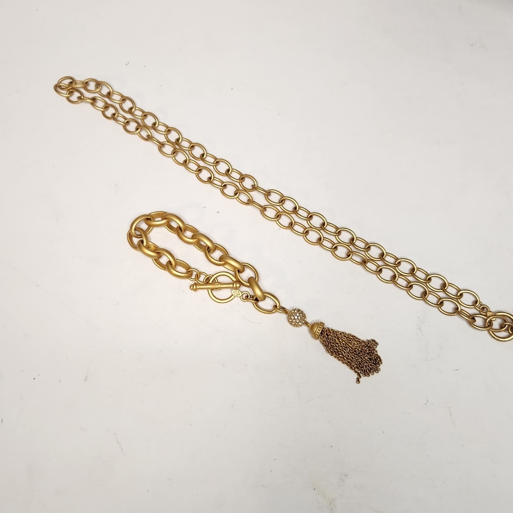Elegant matte Goldtone Chain Necklace with Tassel bracelet set 2pc costume